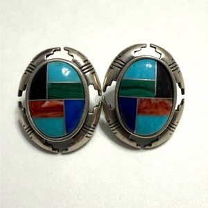 Carolyn Pollack Silver Oval Earrings with Turquoise and Coral Inlay